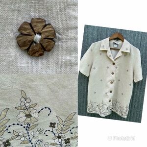 Vintage Button Up Blouse with Embroidered Florals and Wooden Buttons